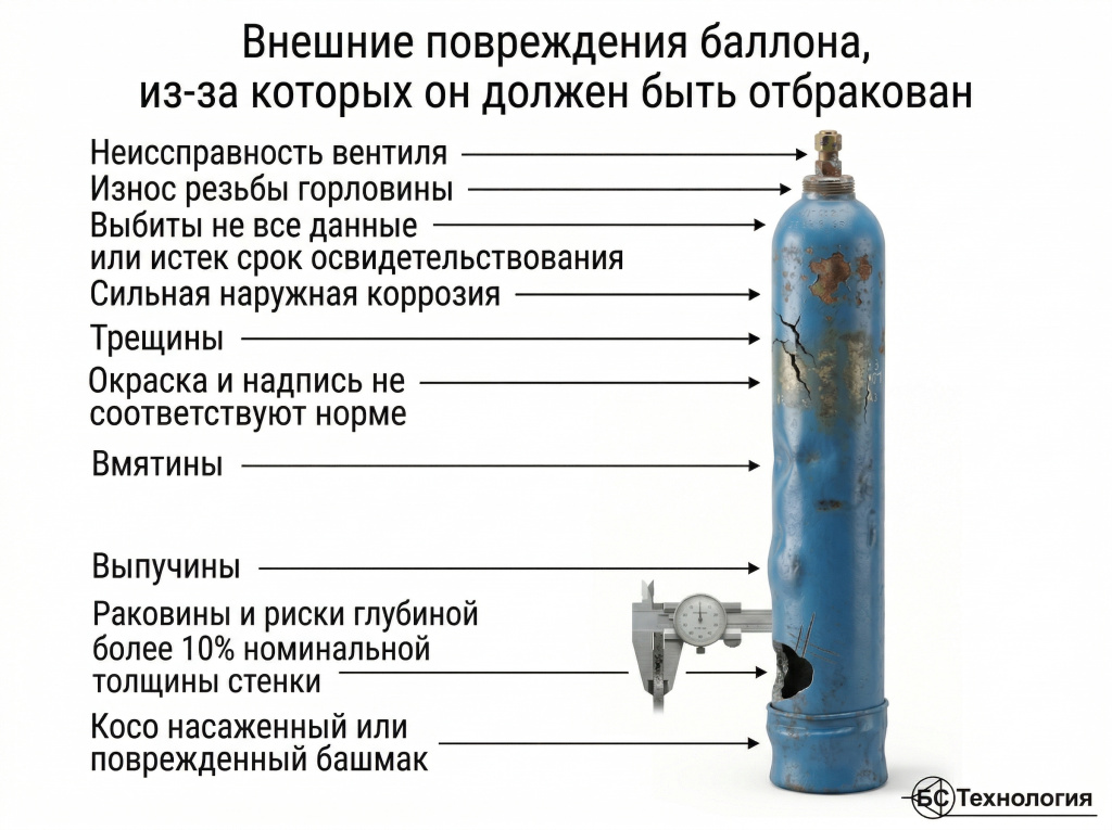 Внешние повреждения баллона, при которых он должен быть отбракован при заправке
